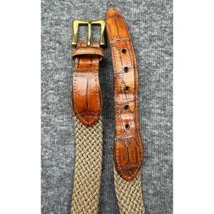 Martin Dingman‎ Woven Stretch Belt Mens 40 Beige Leather Trim Brass Buckle 227